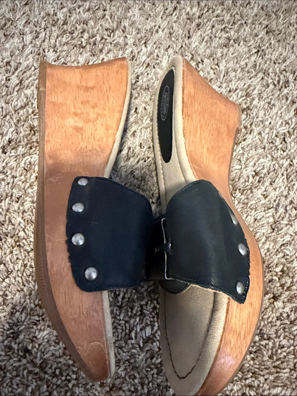 Black Leather Wedge Slide Sandals with Silver Accent DR SCHOLLS